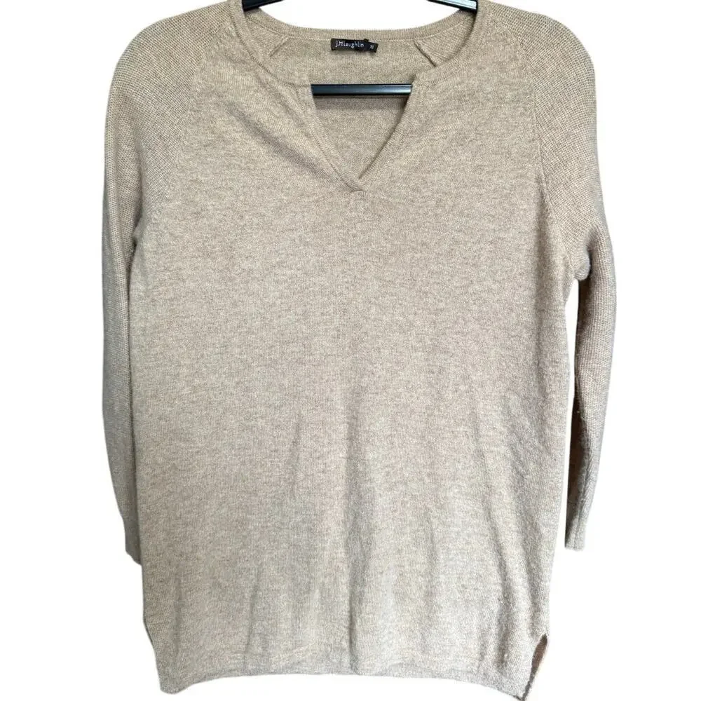 J McLaughlin Lochlann Cashmere Sweater V Neck Pullover Relaxed Fit Tan Size XS